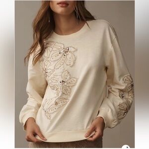 Anthropologie Pilcro Beaded Embroidered Cream Sweatshirt NWT Size XS